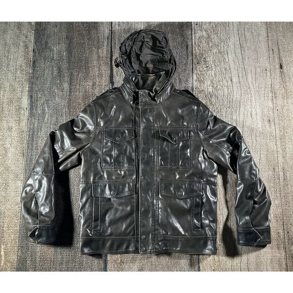 Levis Jacket Mens Medium Dark Brown Faux Leather Stowaway Hood - Picture 1 of 10